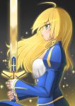  1girl ahoge blonde_hair blue_dress dress excalibur fate/stay_night fate_(series) from_side green_eyes hair_down highres k_jin saber solo 