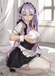  1girl apron breast_hold breasts full_body hair_between_eyes highres horns houtengeki indoors large_breasts lavender_hair long_hair looking_at_viewer maid maid_headdress miniskirt on_bed open_mouth original pointy_ears seiza sidelocks sitting skirt solo thigh-highs twintails underbust very_long_hair violet_eyes waist_apron white_legwear wrist_cuffs zettai_ryouiki 