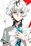  1boy agata_katsuhira blue_necktie brown_hair clutching_chest jitome kiznaiver looking_at_viewer male_focus multicolored_background multicolored_hair necktie official_art scar school_uniform solo streaked_hair two-tone_hair upper_body white_hair wind wind_lift 