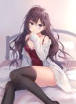  1girl ahoge bed black_hair black_legwear blue_eyes blush breasts chemise cleavage dress_shirt earrings eyebrows eyebrows_visible_through_hair fukahire_sanba hand_on_own_face ichinose_shiki idolmaster idolmaster_cinderella_girls jewelry long_hair looking_at_viewer no_panties on_bed open_clothes shirt sitting solo strap_slip thigh-highs tsurime very_long_hair white_shirt 