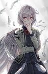  1girl bow braid expressionless feathered_wings feathers french_braid hand_on_own_face highres jacket jan_(artist) kishin_sagume long_sleeves looking_at_viewer open_clothes red_eyes short_hair silver_hair single_wing skirt skirt_set solo touhou wings 