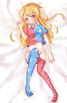  1girl absurdres american_flag_legwear american_flag_shirt bed_sheet blonde_hair blush clownpiece fairy_wings from_above hanen_(borry) highres long_hair looking_at_viewer lying navel neck_ruff no_panties on_back pantyhose pantyhose_pull red_eyes shirt short_sleeves solo star striped touhou wings 