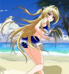  1girl beach bikini blonde_hair blue_bikini hair_ornament highres konjiki_no_yami long_hair looking_at_viewer ocean outdoors palm_tree pink_eyes solo swimsuit to_love-ru tree 