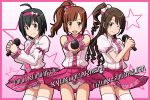  3girls ahoge bangs black_hair blunt_bangs blush bow bow_panties brown_eyes brown_hair character_name collared_shirt cowboy_shot crotch_seam english hair_bow hairband holding idolmaster idolmaster_cinderella_girls igarashi_kyouko kohinata_miho lace-trimmed_panties lielos long_hair long_sleeves looking_at_viewer microphone miniskirt multiple_girls necktie one_eye_closed open_mouth panties pantyshot pink_background pink_check_school pink_legwear pink_shirt pink_skirt pleated_skirt puffy_short_sleeves puffy_sleeves shimamura_uzuki shirt short_hair short_sleeves side_ponytail skirt sleeveless smile standing star starry_background thigh-highs underwear 