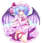  1girl :p ascot bat_wings blue_hair brooch cedama hat hat_ribbon jewelry mob_cap puffy_sleeves remilia_scarlet ribbon short_sleeves solo tongue tongue_out touhou wings 