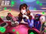  1girl ass bent_over bodysuit brown_hair character_name d.va_(overwatch) facial_mark finger_to_mouth gun handgun headphones highres liangxing looking_at_viewer overwatch solo weapon 