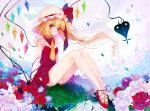  1girl :o arms_at_sides balloon bangs bare_legs blonde_hair blue_fire blush building butterfly cross-laced_footwear crystal curly_hair daimaou_ruaeru dress fire flandre_scarlet floating_hair floating_island flower frilled_hat frilled_sleeves frills grass hat hat_ribbon heart_balloon high_heels highres laevatein long_hair looking_at_viewer mob_cap necktie on_ground one_side_up outdoors petals red_dress red_eyes red_flower red_ribbon red_rose red_shoes ribbon rose saliva shoes short_necktie short_sleeves sitting solo touhou tower weapon white_flower white_hat white_rose wind wings yellow_necktie 