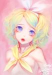  1girl 2016 blonde_hair blue_eyes bow closed_mouth cockia collarbone dated hair_ornament hairband hairclip head_tilt highres kagamine_rin kerchief looking_at_viewer pink_background red_lips signature solo topless upper_body vocaloid wavy_hair white_bow 