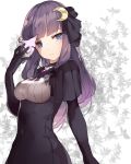  1girl alternate_costume black_dress black_gloves blue_eyes breasts capelet crescent crescent_hair_ornament dress gloves hair_ornament hillly_(maiwetea) long_hair long_sleeves looking_at_viewer patchouli_knowledge purple_hair shirt solo touhou 