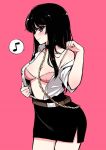  1girl alphy bangs belt belt_buckle black_eyes black_hair black_skirt blush bra breasts buckle choker collarbone collared_shirt dress_shirt gold_chain long_hair looking_at_viewer looking_to_the_side musical_note off_shoulder open_clothes open_shirt original pink_background pink_bra shirt short_sleeves simple_background skirt smile solo spoken_musical_note underwear white_shirt 
