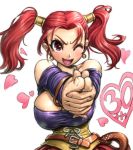  1girl amania_orz bare_shoulders breasts corset dragon_quest dragon_quest_viii jessica_albert large_breasts one_eye_closed open_mouth pointing purple_shirt shirt smile solo twintails 
