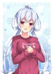  1girl :d ahoge blush breasts clothes_writing covered_navel long_hair long_sleeves looking_at_viewer matoi_(pso2) milkpanda open_mouth own_hands_together phantasy_star phantasy_star_online_2 red_eyes round_teeth silver_hair smile solo sweater teeth twintails upper_body very_long_hair w_arms 