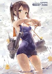  1girl anmi artist_name bird breasts brown_hair cleavage contrapposto covered_navel dutch_angle hair_ornament highres i-401_(kantai_collection) kantai_collection light_brown_eyes outdoors ponytail rubber_duck sailor_collar scan school_swimsuit smile solo sparkle swimsuit wading wet 