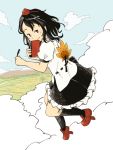  1girl above_clouds black_hair black_legwear black_skirt blue_eyes blue_sky book chii-kun_(seedyoulater) day fan field floating frilled_skirt frills geta hat holding holding_book holding_pen horizon kneehighs leg_up looking_at_viewer looking_to_the_side mountain pen pointy_ears shameimaru_aya shirt short_hair short_sleeves skirt sky smile solo stream tengu-geta tokin_hat touhou tree white_shirt 