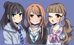  3girls blush brown_eyes brown_hair cosplay costume_switch green_eyes houjou_karen idolmaster idolmaster_cinderella_girls jewelry kamiya_nao long_hair looking_at_viewer multiple_girls necklace open_mouth red_eyes school_uniform shibuya_rin smile triad_primus twintails usameruti 