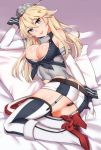  1girl arm_pillow arm_up ass bangs bed_sheet black_panties blonde_hair blue_eyes boots breasts eyebrows eyebrows_visible_through_hair fingerless_gloves front-tie_top garter_straps gloves hair_between_eyes head_tilt headgear highres iowa_(kantai_collection) kantai_collection kyuuso_inukami large_breasts long_hair looking_at_viewer lying miniskirt mismatched_legwear on_bed on_side panties pantyshot pantyshot_(lying) pillow red_shoes rudder_shoes shoes skirt smile solo star star-shaped_pupils striped striped_legwear symbol-shaped_pupils thigh-highs underwear vertical-striped_legwear vertical_stripes 