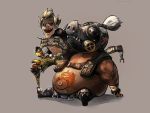  2boys boots eyebrows fat fat_man gas_mask junkrat_(overwatch) male_focus mechanical_arm multiple_boys navel open_mouth overwatch ponytail roadhog_(overwatch) shirtless sitting spikes tattoo thick_eyebrows tire 