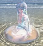  1girl blue_hair brown_eyes collarbone detached_sleeves expressionless jellyfish long_sleeves moai_(aoh) on_ground original personification sitting solo water waves wet 