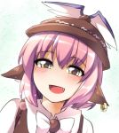  1girl :d animal_ears blush bow bowtie dress fang fun_bo hat looking_at_viewer mystia_lorelei open_mouth pink_hair short_hair smile solo touhou upper_body winged_hat yellow_eyes 