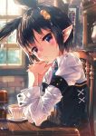  1girl :&lt; arm_support black_hair blush book chair cup hair_ornament head_rest head_tilt highres indoors interlocked_fingers light_particles looking_at_viewer mano_(narumi_arata) narumi_arata original pointy_ears short_hair sitting solo sunlight table teacup teapot violet_eyes window 