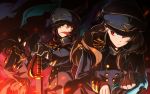  3girls brown_eyes brown_hair hat houjou_karen idolmaster idolmaster_cinderella_girls idolmaster_cinderella_girls_starlight_stage kamiya_nao keyyan long_hair military military_hat military_uniform multiple_girls naval_uniform red_eyes shibuya_rin sword triad_primus uniform weapon 