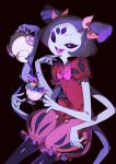  1girl :d androgynous black_eyes black_hair blue_skin brown_hair closed_eyes cowboy_shot cup extra_eyes fangs frisk_(undertale) hair_ribbon in_container in_cup insect_girl maruco muffet multiple_arms one_eye_closed open_mouth pantyhose pouring puffy_pants puffy_short_sleeves puffy_sleeves purple_background ribbon shirt short_sleeves short_twintails simple_background smile spider_girl striped striped_shirt teacup teapot twintails undertale 