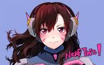  1girl alternate_eye_color bangs bodysuit brown_hair collar d.va_(overwatch) english face facial_mark floating_hair hair_between_eyes headphones lips long_hair looking_at_viewer overwatch pilot_suit pink_eyes purple_background simple_background smile solo swept_bangs 