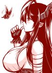  1girl biting_finger breasts butterfly danua granblue_fantasy highres horns kanno_takanori large_breasts long_hair monochrome pointy_ears profile sketch solo 