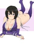  1girl ass black_hair blue_eyes breasts cleavage crossed_arms highres huge_breasts kagemusha lying ninja on_stomach original purple_legwear short_hair solo thigh-highs thighs 