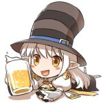 1girl :d alcohol arch_bishop_(ragnarok_online) bangs beer beer_mug belt black_footwear blue_belt blush_stickers brown_headwear chibi cleavage_cutout clothing_cutout commentary_request cross cup dress eyebrows_visible_through_hair fishnet_legwear fishnets full_body hat hat_belt juliet_sleeves long_hair long_sleeves looking_at_viewer lying mug natsuya_(kuttuki) on_stomach open_mouth pointy_ears puffy_sleeves ragnarok_online shoes simple_background smile solo striped striped_headwear the_pose thigh-highs top_hat two-tone_dress v-shaped_eyebrows white_background white_dress white_legwear 