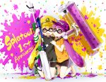  1girl 2girls :d anniversary arm_up bangs baseball_cap black_shorts blunt_bangs blush closed_mouth clothes_writing domino_mask dripping full_body green_shoes gun hat highres holding holding_gun holding_weapon ink_tank_(splatoon) inkling long_hair long_sleeves looking_at_viewer mask multiple_girls namori open_mouth purple_hair purple_hat red_eyes rifle shirt shoelaces shoes shorts shorts_under_skirt smile sniper_rifle solo splatoon sweater t-shirt twintails very_long_hair violet_eyes weapon white_background yellow_hat yellow_shoes 