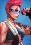  1girl absurdres black_gloves blue_eyes breasts fingerless_gloves gloves highres monori_rogue muscle muscular_female overwatch pink_hair russian scar scar_across_eye short_hair solo sunglasses tank_top tattoo towel towel_around_neck watermark zarya_(overwatch) 