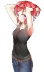  1girl adjusting_hair alternate_hairstyle armpits arms_up bare_arms belt black_shirt blush casual collarbone cowboy_shot denim eyebrows eyebrows_visible_through_hair hachinatsu hair_tie highres jeans looking_at_viewer love_live!_school_idol_project mouth_hold nishikino_maki pants ponytail redhead shiny shiny_hair shirt simple_background sleeveless sleeveless_shirt solo tying_hair violet_eyes white_background 