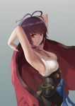  1girl absurdres armor armpits arms_behind_head arms_up box_(xx2339326) breasts brown_hair cape grey_background highres japanese_clothes koutetsujou_no_kabaneri mumei mumei_(kabaneri) red_eyes short_hair smile solo strap_gap teeth 
