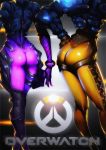  2girls arched_back armor ass back black_gloves bodysuit boots contrapposto copyright_name cross-laced_clothes elbow_gloves from_behind gauntlets gloves harness head_out_of_frame multiple_girls overwatch pants skin_tight skindentation thigh-highs thigh_boots thighs tight tight_pants tracer_(overwatch) vambraces widowmaker_(overwatch) 