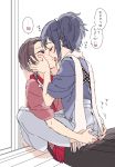  2boys black_hair brown_hair closed_eyes face_licking hands_on_another&#039;s_face japanese_clothes kashuu_kiyomitsu licking male_focus mole mole_under_eye mole_under_mouth multiple_boys nail_polish open_mouth plico_(nicoma) ponytail red_nails scarf sitting sitting_on_lap sitting_on_person tongue tongue_out touken_ranbu translation_request yamato-no-kami_yasusada yaoi 