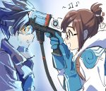  2girls bangs blue_gloves bodysuit bomber_jacket brown_hair brown_jacket coat fur glasses gloves goggles gun hair_bun hair_ornament hairpin jacket leather leather_jacket long_sleeves looking_at_another mei_(overwatch) multiple_girls overwatch pointing short_hair sidelocks smile spiky_hair sweatdrop tracer_(overwatch) upper_body weapon 