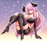  1girl black_bra blue_eyes blush bra braid breasts covered_nipples demon_horns elbow_gloves gloves granblue_fantasy hair_over_one_eye horns kanno_takanori large_breasts lavender_hair long_hair looking_at_viewer narumeia_(granblue_fantasy) pointy_ears smile solo thigh-highs underwear 