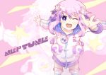  1girl blush character_name hair_ornament looking_at_viewer neptune_(choujigen_game_neptune) neptune_(series) one_eye_closed open_mouth purple_hair short_hair smile 