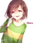  androgynous artist_name brown_hair chara_(undertale) character_name collarbone dated finger_to_face heart heart-shaped_pupils highres leafwow open_mouth pink_eyes raised_eyebrow shirt simple_background smile solo spoilers striped striped_shirt symbol-shaped_pupils tongue tongue_out undertale upper_body white_background 