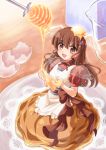  1girl apron asaesaya brown_eyes brown_hair butter dress eggshell from_above hair_bobbles hair_ornament hair_wings highres honey honey_dipper measuring_cup minigirl morinaga_(brand) original pancake personification plate solo 