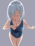  1girl blue_eyes blush breasts cleavage collarbone eyes_visible_through_hair grey_background gurande_(g-size) hair_ornament hair_over_one_eye hairclip hamakaze_(kantai_collection) highres leaning_forward looking_at_viewer one_eye_closed open_mouth short_hair silver_hair simple_background solo swimsuit thigh_gap 