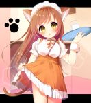  1girl animal_ears blush breasts brown_eyes brown_hair cat_ears cup drinking_glass holding long_hair nufucha open_mouth original shirt skirt skirt_lift smile solo tail tray waitress wrist_cuffs 