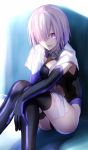  1girl artist_request breasts elbow_gloves fate/grand_order fate/stay_night fate_(series) gloves hair_over_one_eye large_breasts leotard looking_at_viewer mashimasaki purple_hair shielder_(fate/grand_order) short_hair sweat thigh-highs towel violet_eyes wiping_sweat 