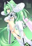  1girl blush breasts cleavage green_hair green_heart large_breasts long_hair looking_at_viewer neptune_(series) outstretched_hand polearm ponytail solo spear symbol-shaped_pupils vert very_long_hair violet_eyes warabi_mochi_(ehimedaisuki) weapon 