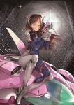  1girl armor artist_name ass bangs bodysuit boots breasts brown_eyes brown_hair d.va_(overwatch) facial_mark full_body gloves gun handgun headphones highres holding holding_gun holding_weapon long_hair looking_at_viewer mecha mircoelisa overwatch pilot_suit sitting small_breasts smile solo sparkle swept_bangs thigh-highs thigh_boots watermark weapon web_address white_boots white_gloves 