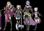  armor axe black_background blonde_hair book boots breasts brother_and_sister brothers camilla_(fire_emblem_if) cape elise_(fire_emblem_if) fire_emblem fire_emblem_if genderswap genderswap_(ftm) genderswap_(mtf) gloves hair_over_one_eye hat leon_(fire_emblem_if) long_hair maruo_(mokurentenpu) marx_(fire_emblem_if) open_mouth orange_eyes purple_hair red_eyes siblings side_ponytail simple_background sisters staff sword tiara weapon 