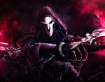  1boy artist_name black_jacket coat dated gun handgun highres holding holding_weapon hood hooded_jacket jacket looking_at_viewer mask overwatch reaper_(overwatch) red_eyes signature solo trench_coat upper_body weapon 