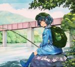 1girl backpack bag blue_dress blue_eyes blue_hair blue_sky boots bridge clouds dress fishing fishing_rod forest hair_bobbles hair_ornament kawashiro_nitori long_sleeves looking_at_viewer marker_(medium) millipen_(medium) mountain nature river rubber_boots shiratama_(hockey) sitting_on_rock sky smile solo touhou traditional_media tree twintails 