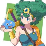  1girl bare_shoulders blue_eyes dragon_quest dragon_quest_iv green_hair heroine_(dq4) short_hair slime_(dragon_quest) smile solo sword weapon yazwo 